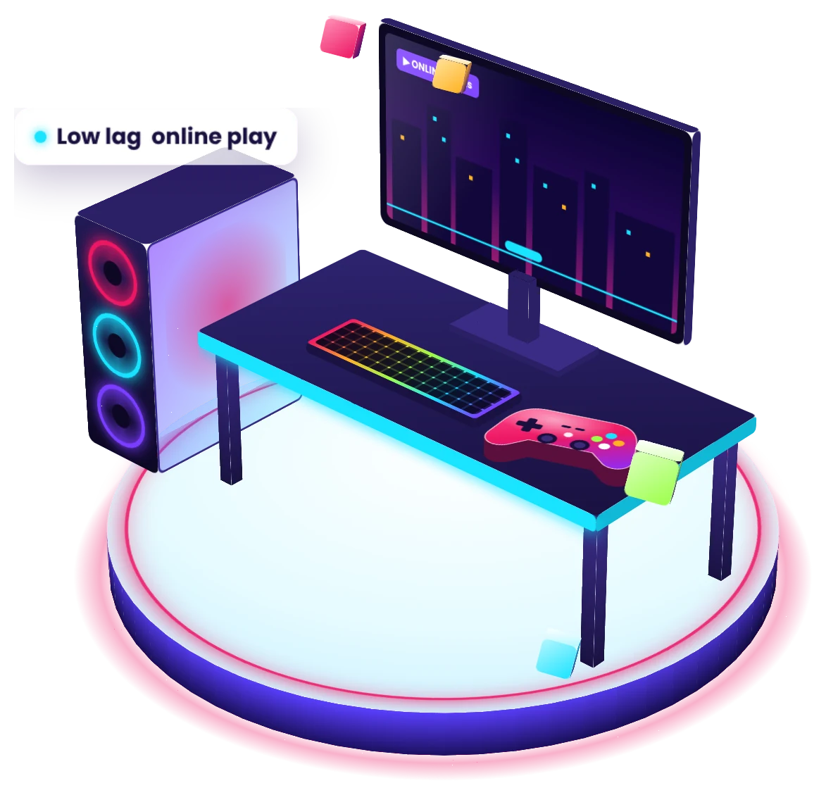 3D illustration of a neon gaming desk with monitor, RGB keyboard, controller and PC