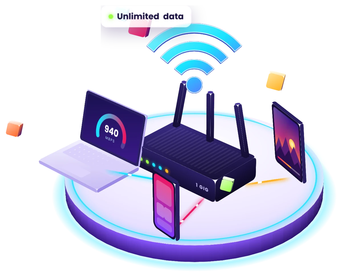 3D illustration of a Wi‑Fi router connected to a laptop, phone and tablet