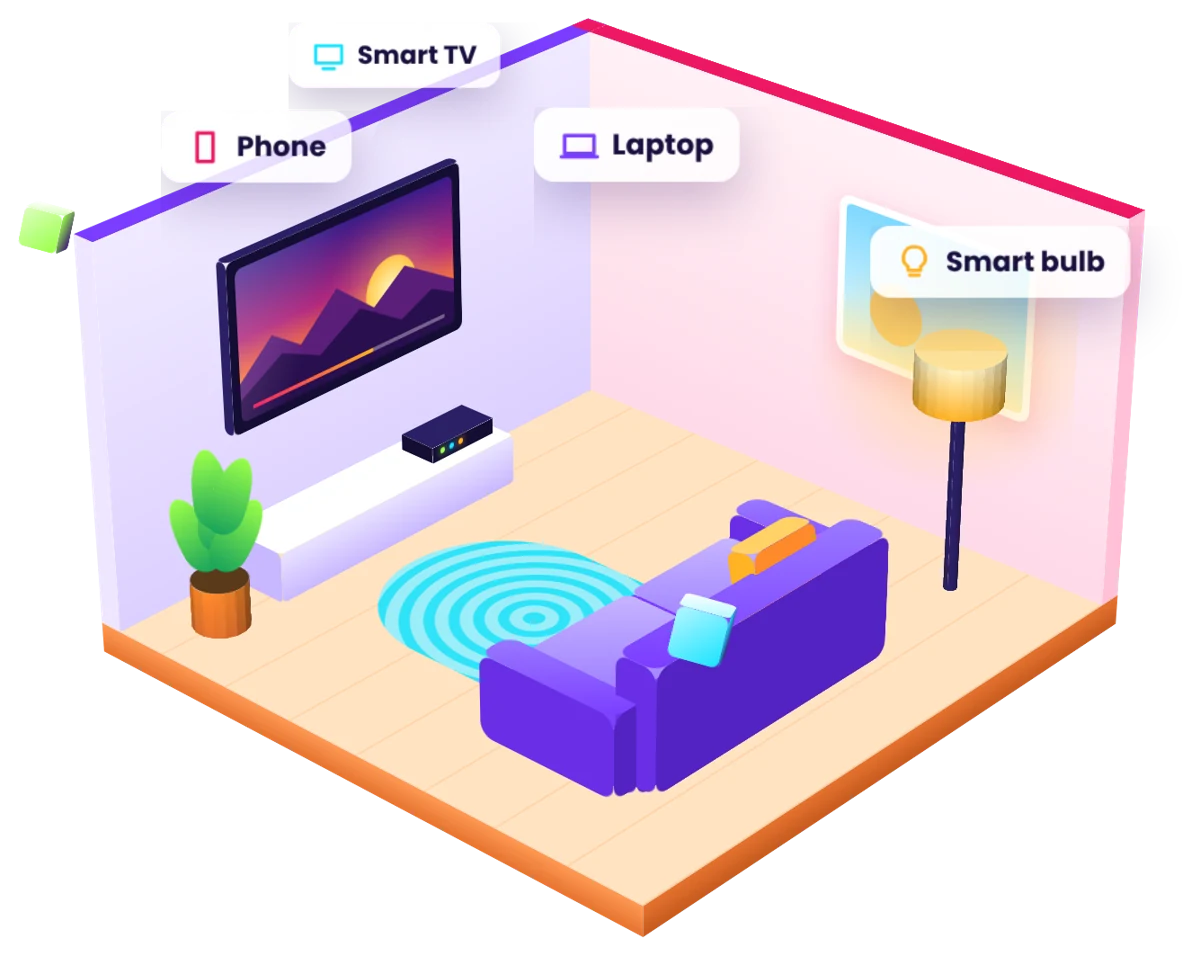 3D isometric living room with smart TV, router and connected devices